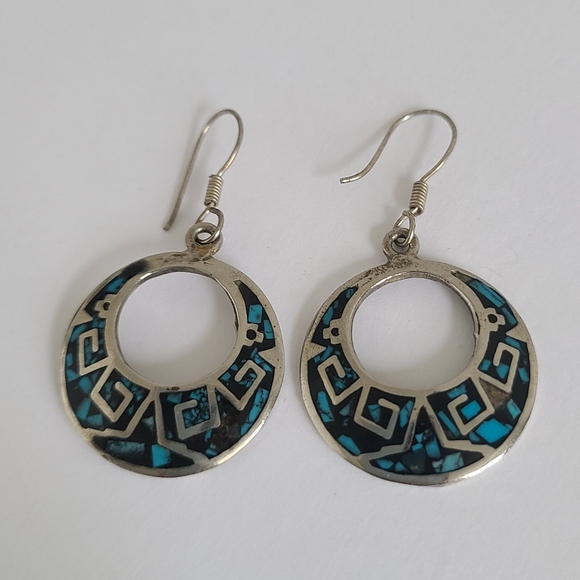 Vintage Jewelry - Vintage Sterling Silver Boho Western Mexico Turquoise Inlay Round Drop Earrings